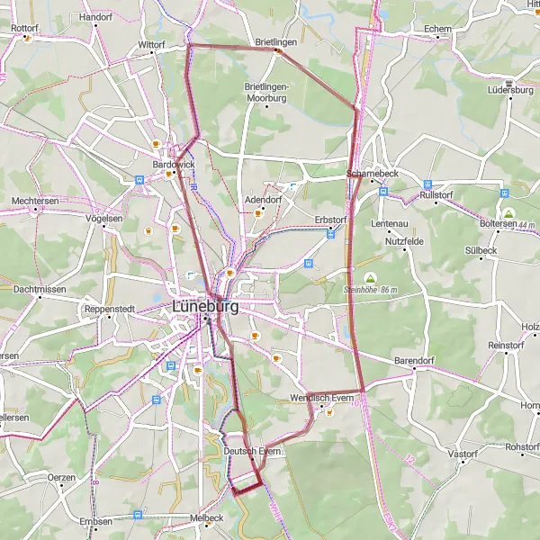 Karten-Miniaturansicht der Radinspiration "Graveltour zu landschaftlichen Highlights" in Lüneburg, Germany. Erstellt vom Tarmacs.app-Routenplaner für Radtouren