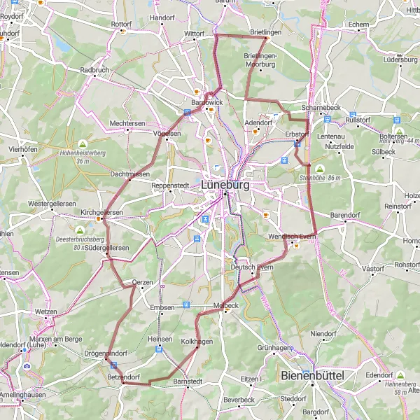 Karten-Miniaturansicht der Radinspiration "Rund um Lüneburg und die Elbtalaue" in Lüneburg, Germany. Erstellt vom Tarmacs.app-Routenplaner für Radtouren