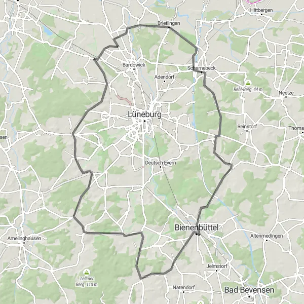 Karten-Miniaturansicht der Radinspiration "Hügelige Straßentour rund um Brietlingen" in Lüneburg, Germany. Erstellt vom Tarmacs.app-Routenplaner für Radtouren