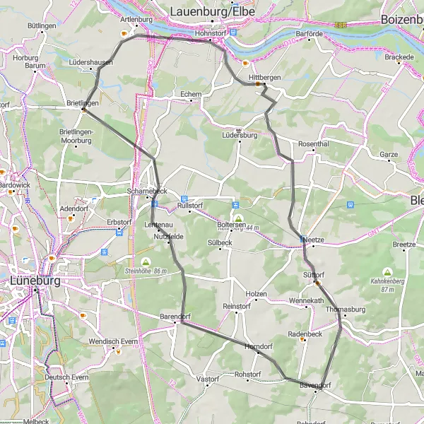 Map miniature of "Hittbergen and Beyond" cycling inspiration in Lüneburg, Germany. Generated by Tarmacs.app cycling route planner