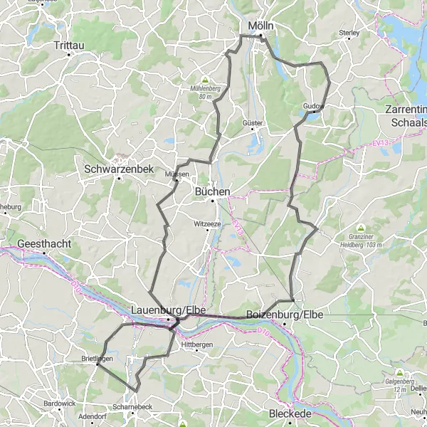 Map miniature of "The Elbe River Loop" cycling inspiration in Lüneburg, Germany. Generated by Tarmacs.app cycling route planner