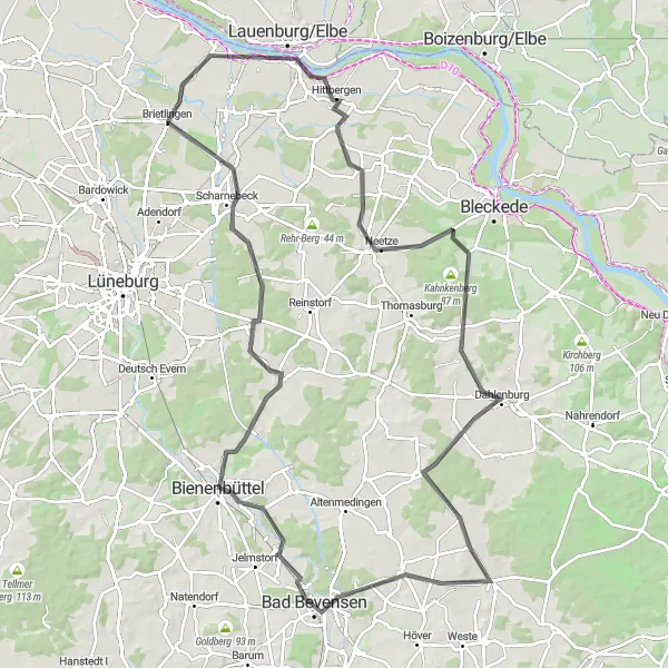 Map miniature of "The Elbe Valley Road Tour" cycling inspiration in Lüneburg, Germany. Generated by Tarmacs.app cycling route planner