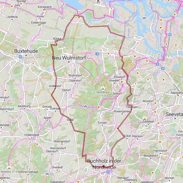 Karten-Miniaturansicht der Radinspiration "Gravel-Tour um Neuenfelde und Vahrendorf" in Lüneburg, Germany. Erstellt vom Tarmacs.app-Routenplaner für Radtouren