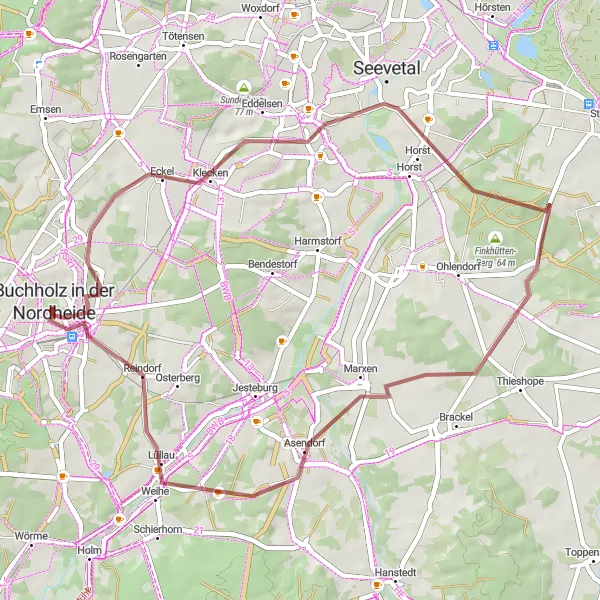 Karten-Miniaturansicht der Radinspiration "Gravelabenteuer um Buchholz in der Nordheide" in Lüneburg, Germany. Erstellt vom Tarmacs.app-Routenplaner für Radtouren
