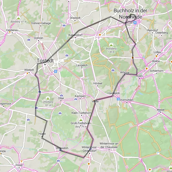Map miniature of "The Wintermoor Circuit" cycling inspiration in Lüneburg, Germany. Generated by Tarmacs.app cycling route planner