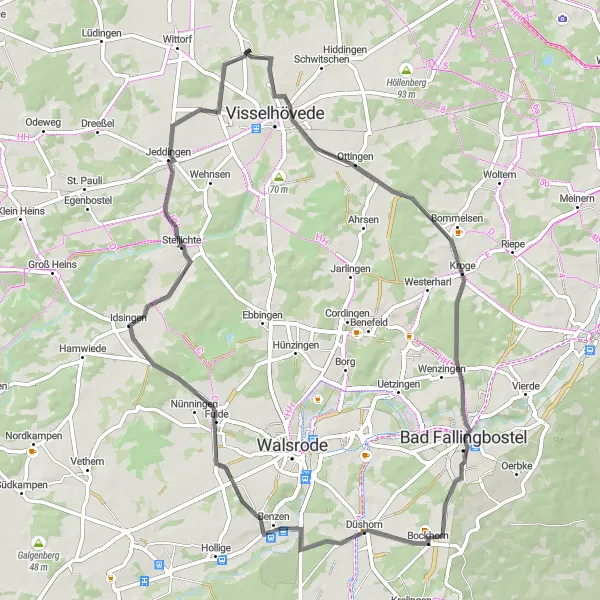 Map miniature of "The Visselhövede Loop" cycling inspiration in Lüneburg, Germany. Generated by Tarmacs.app cycling route planner