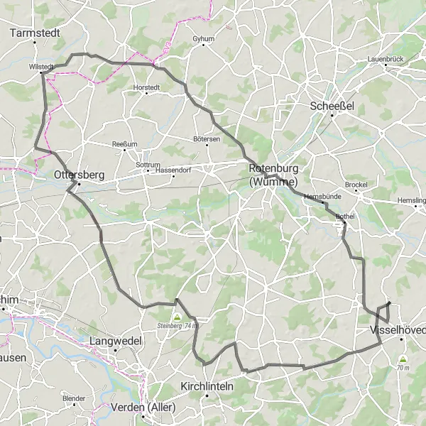 Map miniature of "Buchholz to Ottersberg Loop" cycling inspiration in Lüneburg, Germany. Generated by Tarmacs.app cycling route planner