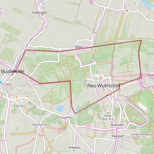 Karten-Miniaturansicht der Radinspiration "Kleine Runde von Buxtehude nach Wesen-Berg" in Lüneburg, Germany. Erstellt vom Tarmacs.app-Routenplaner für Radtouren