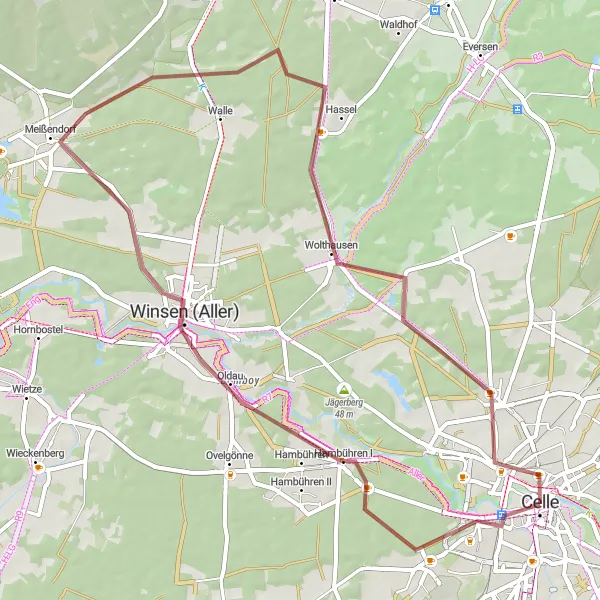 Karten-Miniaturansicht der Radinspiration "Abenteuerliche Schottertour um Celle" in Lüneburg, Germany. Erstellt vom Tarmacs.app-Routenplaner für Radtouren