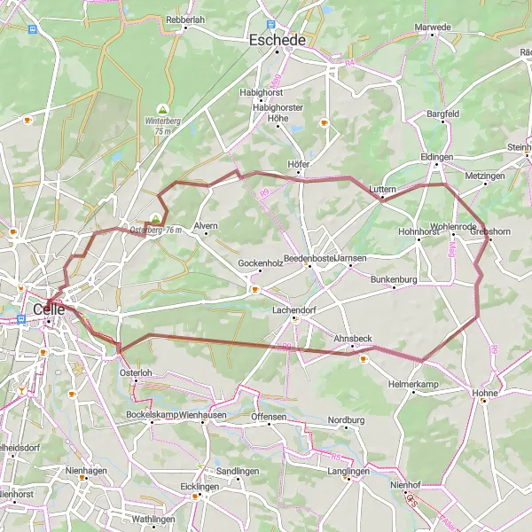 Karten-Miniaturansicht der Radinspiration "Idyllische Gravel-Tour rund um Celle" in Lüneburg, Germany. Erstellt vom Tarmacs.app-Routenplaner für Radtouren