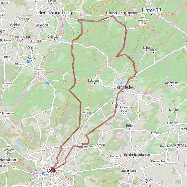 Map miniature of "Celle to Eschede" cycling inspiration in Lüneburg, Germany. Generated by Tarmacs.app cycling route planner