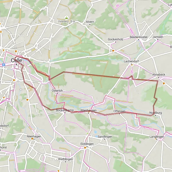 Map miniature of "The Celle and Altencelle Gravel Ride" cycling inspiration in Lüneburg, Germany. Generated by Tarmacs.app cycling route planner