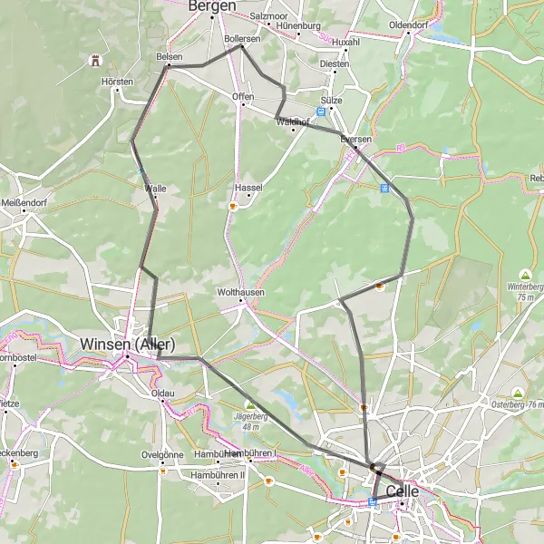 Map miniature of "Scenic Road Ride to Belsen and Groß Hehlen" cycling inspiration in Lüneburg, Germany. Generated by Tarmacs.app cycling route planner
