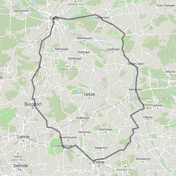 Map miniature of "Celle to Peine: A Road Cycling Adventure" cycling inspiration in Lüneburg, Germany. Generated by Tarmacs.app cycling route planner