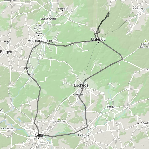 Map miniature of "Celle to Beedenbostel" cycling inspiration in Lüneburg, Germany. Generated by Tarmacs.app cycling route planner
