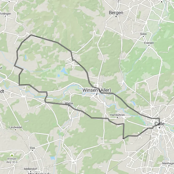 Map miniature of "Celle Circle of Highlights" cycling inspiration in Lüneburg, Germany. Generated by Tarmacs.app cycling route planner
