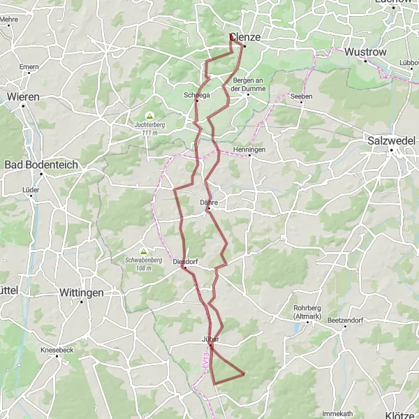 Karten-Miniaturansicht der Radinspiration "Gravel-Tour von Schnega nach Clenze über Dähre" in Lüneburg, Germany. Erstellt vom Tarmacs.app-Routenplaner für Radtouren