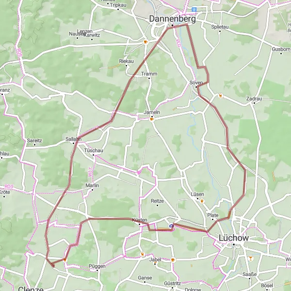 Karten-Miniaturansicht der Radinspiration "Gravel-Rundweg nach Clenze" in Lüneburg, Germany. Erstellt vom Tarmacs.app-Routenplaner für Radtouren
