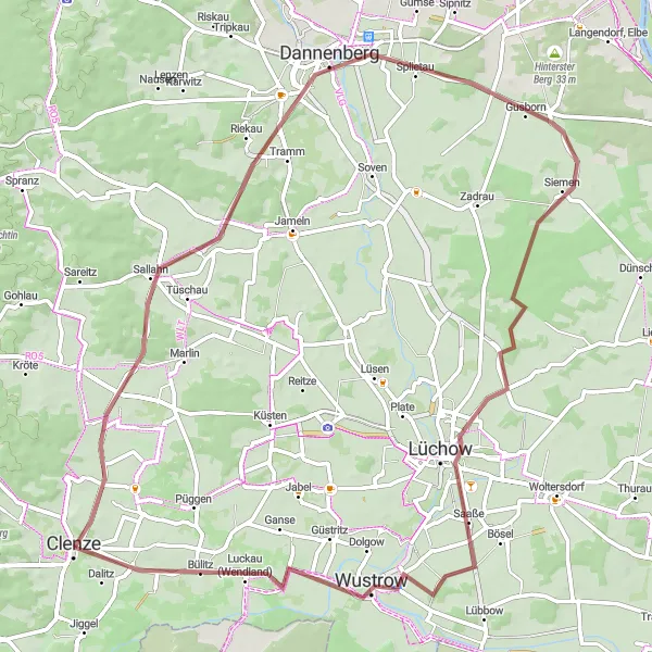 Karten-Miniaturansicht der Radinspiration "Rundtour um Clenze durch Teichlosen und Lüchow" in Lüneburg, Germany. Erstellt vom Tarmacs.app-Routenplaner für Radtouren