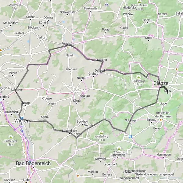 Karten-Miniaturansicht der Radinspiration "Rundfahrt durch die malerische Landschaft um Clenze" in Lüneburg, Germany. Erstellt vom Tarmacs.app-Routenplaner für Radtouren
