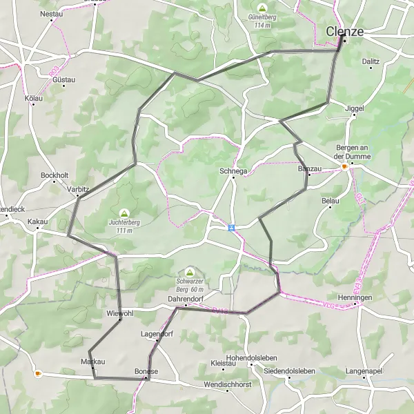Karten-Miniaturansicht der Radinspiration "Kurze Rundroute durch ländliche Idylle" in Lüneburg, Germany. Erstellt vom Tarmacs.app-Routenplaner für Radtouren