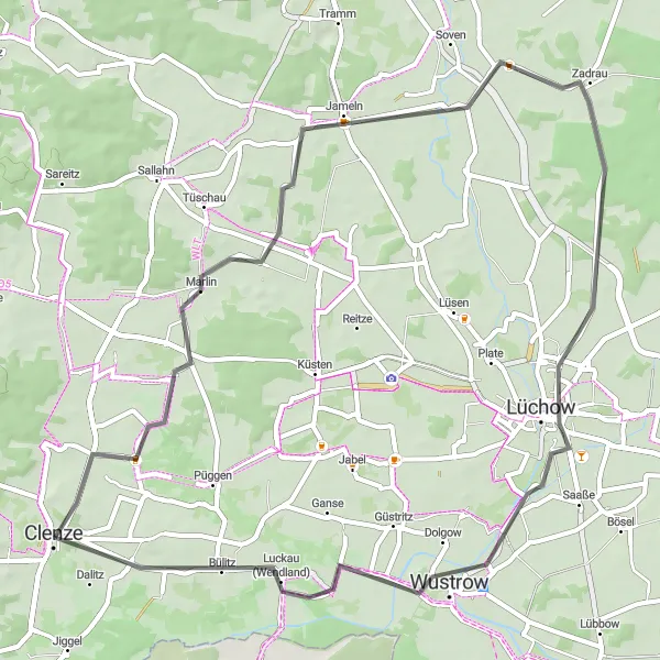 Map miniature of "The Wendland Wonder" cycling inspiration in Lüneburg, Germany. Generated by Tarmacs.app cycling route planner