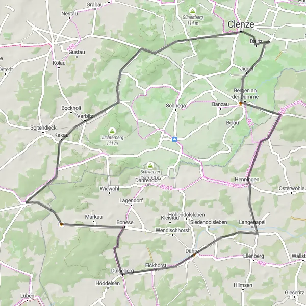 Map miniature of "The Bergen Expedition" cycling inspiration in Lüneburg, Germany. Generated by Tarmacs.app cycling route planner