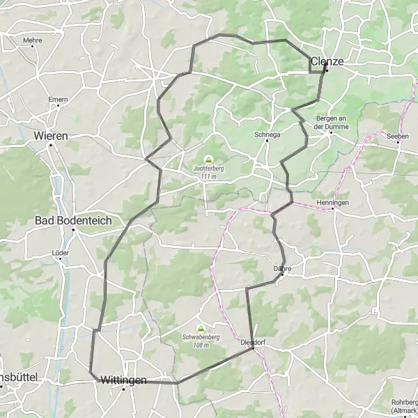 Map miniature of "The Dähre Gravel Adventure" cycling inspiration in Lüneburg, Germany. Generated by Tarmacs.app cycling route planner