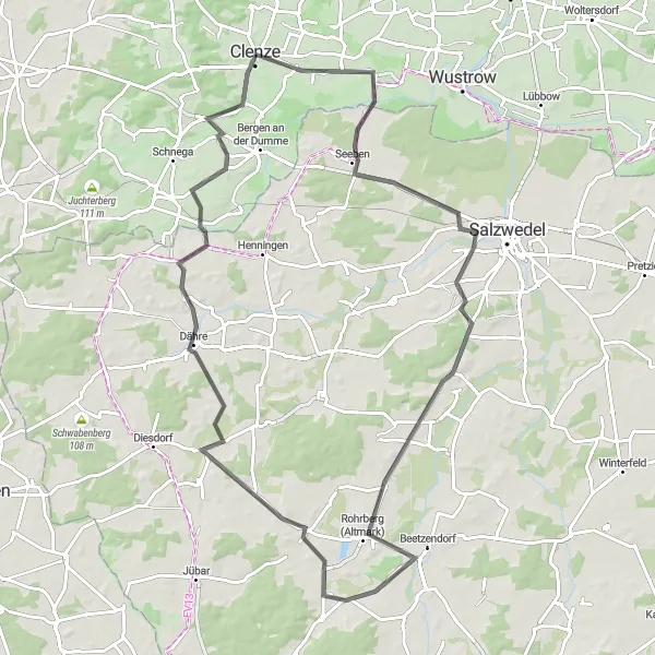 Karten-Miniaturansicht der Radinspiration "Roadtrip von Clenze nach Kassau über Salzwedel" in Lüneburg, Germany. Erstellt vom Tarmacs.app-Routenplaner für Radtouren