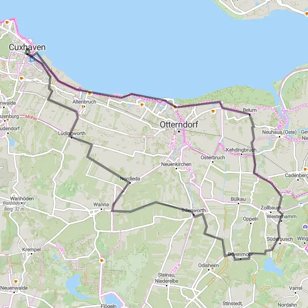 Map miniature of "Lighthouses, Nature Reserves, and Historic Charm" cycling inspiration in Lüneburg, Germany. Generated by Tarmacs.app cycling route planner