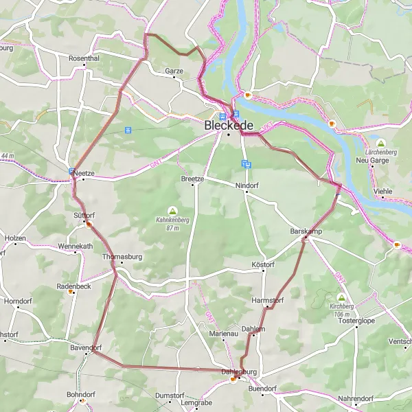 Karten-Miniaturansicht der Radinspiration "Gravel-Tour durch die Elbtalaue" in Lüneburg, Germany. Erstellt vom Tarmacs.app-Routenplaner für Radtouren