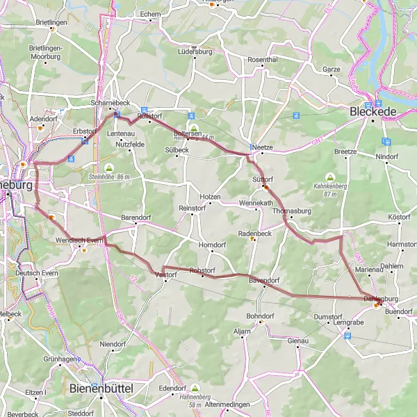 Karten-Miniaturansicht der Radinspiration "Geheimnisvolle Wege rund um Dahlenburg" in Lüneburg, Germany. Erstellt vom Tarmacs.app-Routenplaner für Radtouren