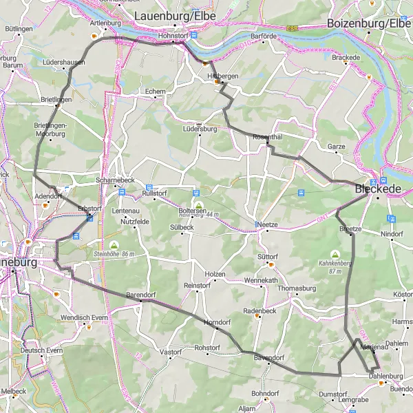 Map miniature of "Jürgenstorf Road Adventure" cycling inspiration in Lüneburg, Germany. Generated by Tarmacs.app cycling route planner