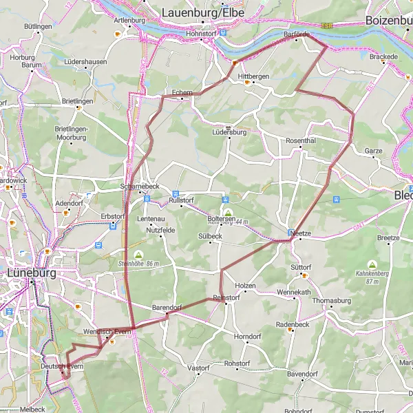 Map miniature of "Timeloberg Gravel Adventure" cycling inspiration in Lüneburg, Germany. Generated by Tarmacs.app cycling route planner