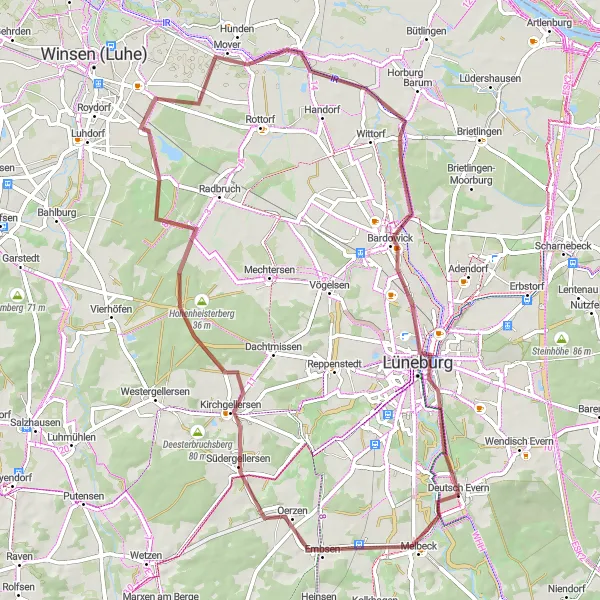 Map miniature of "Hidden Gem Gravel Tour" cycling inspiration in Lüneburg, Germany. Generated by Tarmacs.app cycling route planner