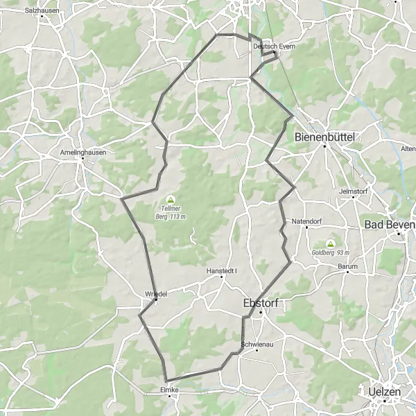 Map miniature of "Deutsch Evern to Häcklingen" cycling inspiration in Lüneburg, Germany. Generated by Tarmacs.app cycling route planner