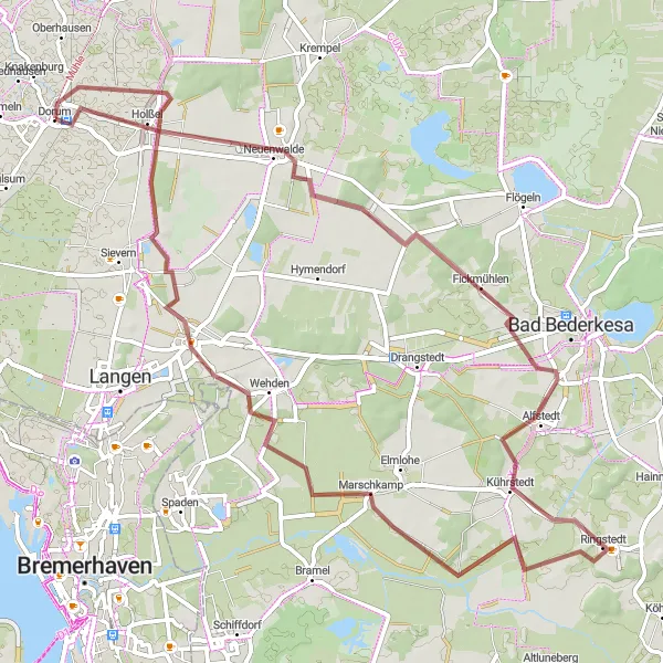 Map miniature of "Dorum's Gravel Adventure" cycling inspiration in Lüneburg, Germany. Generated by Tarmacs.app cycling route planner