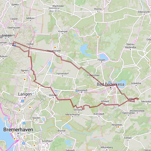 Map miniature of "Gravel Paradise: Dorum to Neuenwalde" cycling inspiration in Lüneburg, Germany. Generated by Tarmacs.app cycling route planner