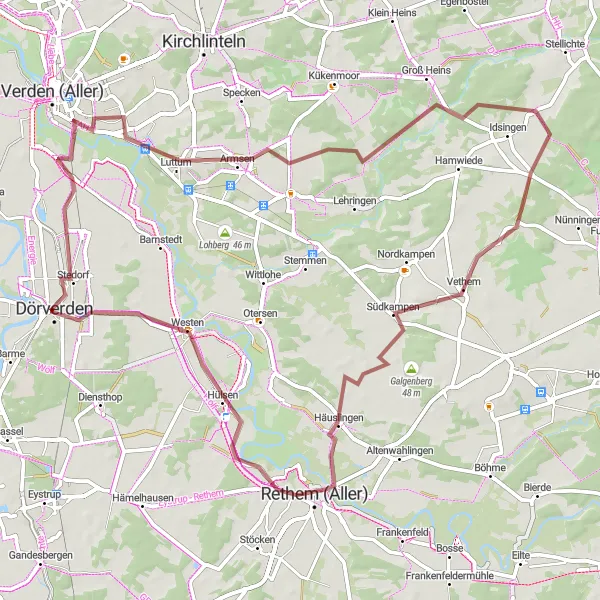 Map miniature of "Through Sieverdingen, Groß Häuslingen, Westen, and Kulturgut Ehmken-Hoff" cycling inspiration in Lüneburg, Germany. Generated by Tarmacs.app cycling route planner