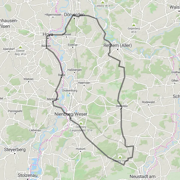 Map miniature of "Visit the Lookout Point and Cycle to Hoya via Steimbke and Nienburg/Weser" cycling inspiration in Lüneburg, Germany. Generated by Tarmacs.app cycling route planner