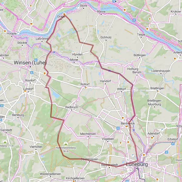 Karten-Miniaturansicht der Radinspiration "Gravelrunde um den Kalkberg" in Lüneburg, Germany. Erstellt vom Tarmacs.app-Routenplaner für Radtouren