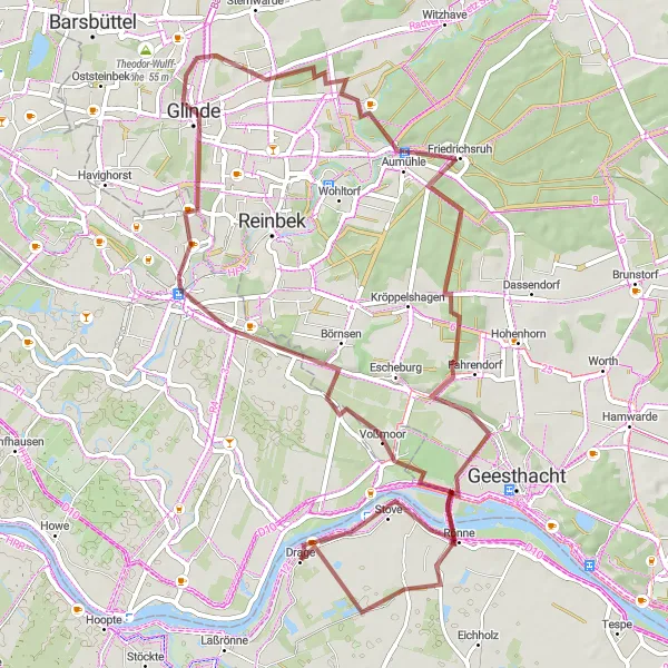 Map miniature of "Drage to Aumühle Gravel Adventure" cycling inspiration in Lüneburg, Germany. Generated by Tarmacs.app cycling route planner