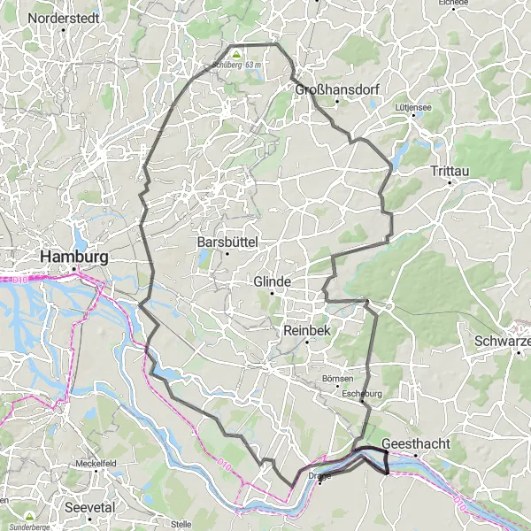 Map miniature of "Towns and Nature Road Tour" cycling inspiration in Lüneburg, Germany. Generated by Tarmacs.app cycling route planner