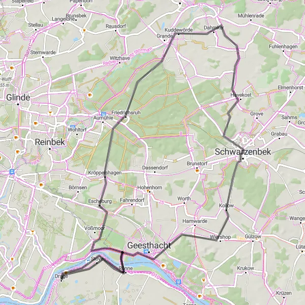 Map miniature of "Escheburg Road Escape" cycling inspiration in Lüneburg, Germany. Generated by Tarmacs.app cycling route planner