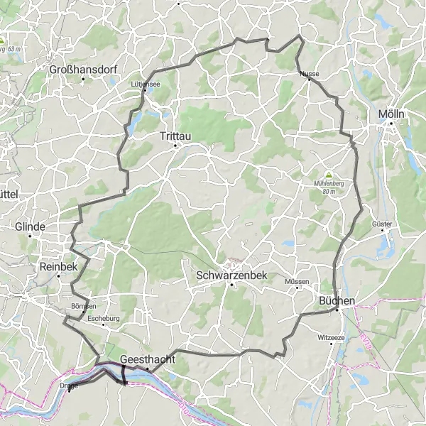 Map miniature of "Drage to Geesthacht Loop" cycling inspiration in Lüneburg, Germany. Generated by Tarmacs.app cycling route planner