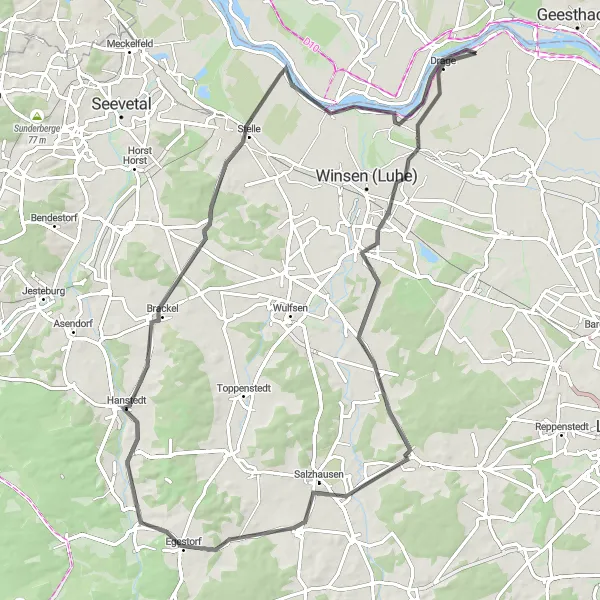 Map miniature of "Drage to Tiesen Berg Road Ride" cycling inspiration in Lüneburg, Germany. Generated by Tarmacs.app cycling route planner