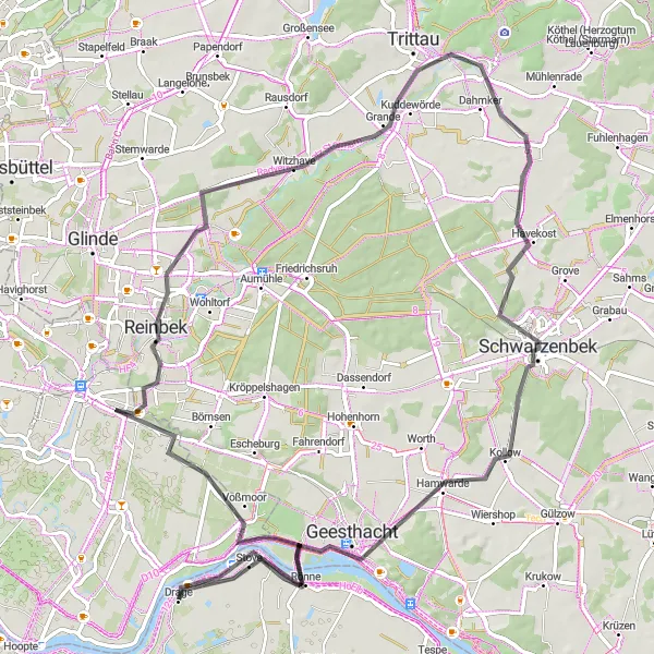 Map miniature of "Drage to Schwarzenbek Loop" cycling inspiration in Lüneburg, Germany. Generated by Tarmacs.app cycling route planner