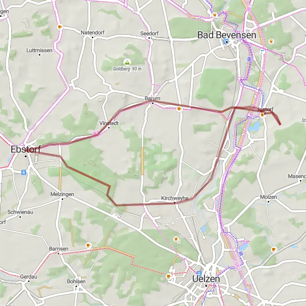 Karten-Miniaturansicht der Radinspiration "Ebstorf und Umgebung Gravel Tour" in Lüneburg, Germany. Erstellt vom Tarmacs.app-Routenplaner für Radtouren