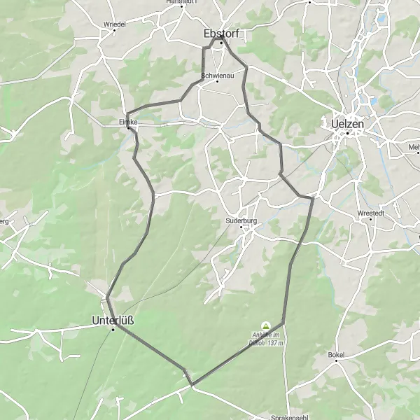 Karten-Miniaturansicht der Radinspiration "Ebstorf und Umgebung Fahrradroute" in Lüneburg, Germany. Erstellt vom Tarmacs.app-Routenplaner für Radtouren