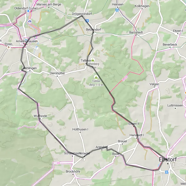 Map miniature of "Ebstorf to Eitzen II Loop" cycling inspiration in Lüneburg, Germany. Generated by Tarmacs.app cycling route planner